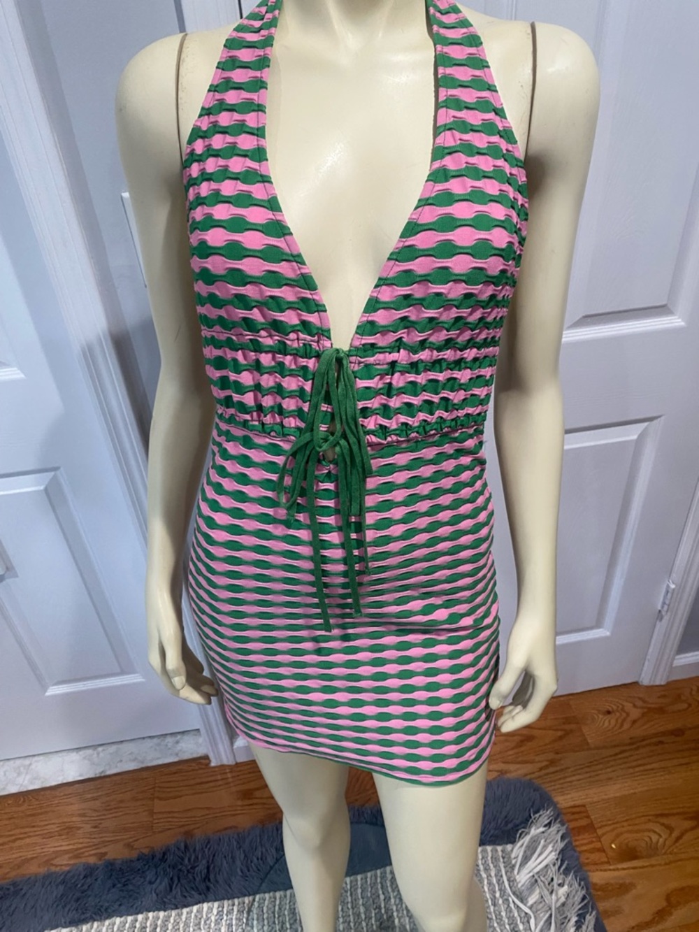 Zara sure cute Pink and Green Striped Halter Mini Dress/ Size Medium